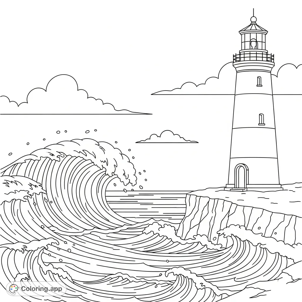 Explore a dramatic cliffside lighthouse scene, featuring a sturdy tower, dynamic ocean waves, and wispy clouds. A captivating seascape coloring page for all.