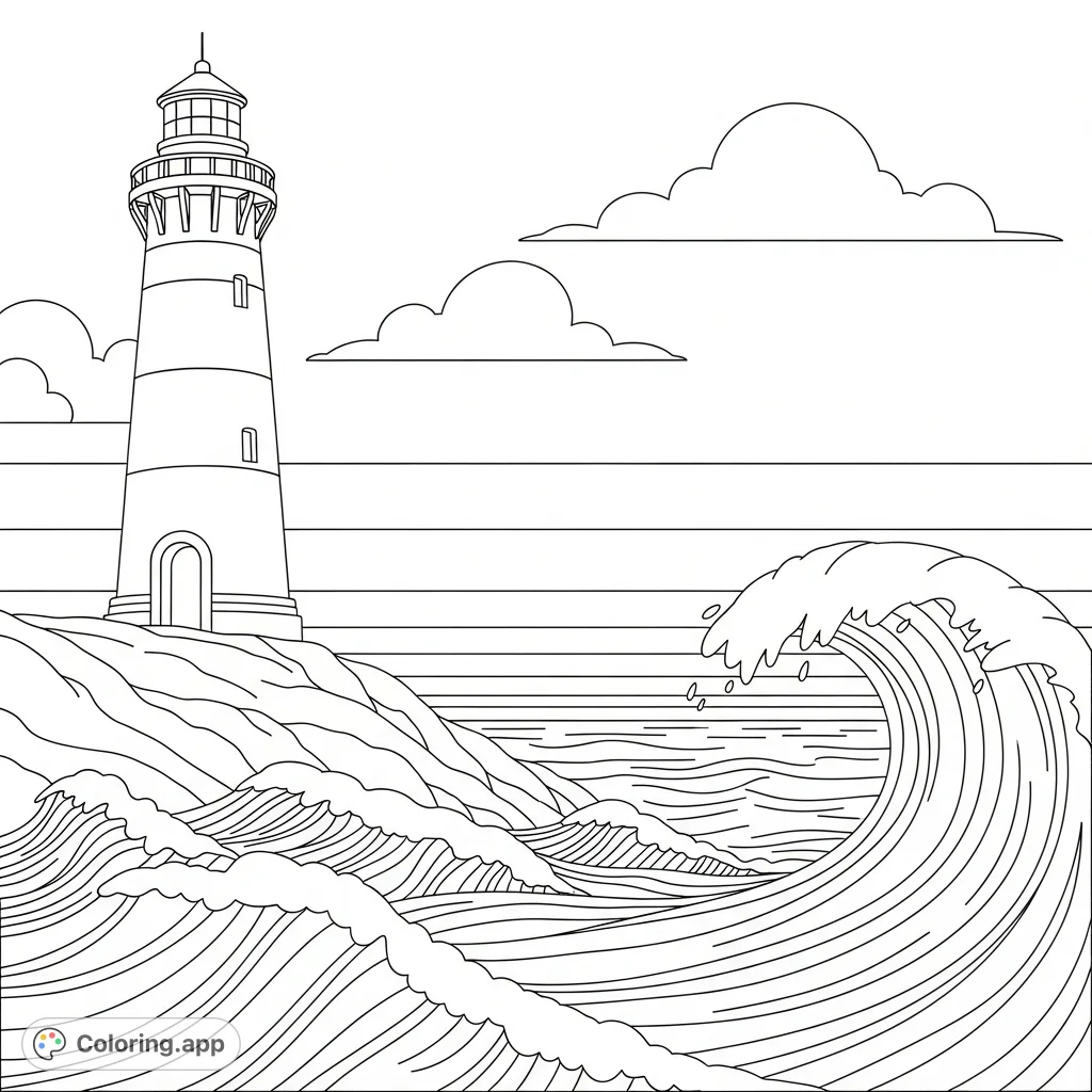 A majestic lighthouse on a rocky shore, surrounded by powerful crashing waves and an open sky. A serene yet dynamic scene perfect for relaxation and creativity.