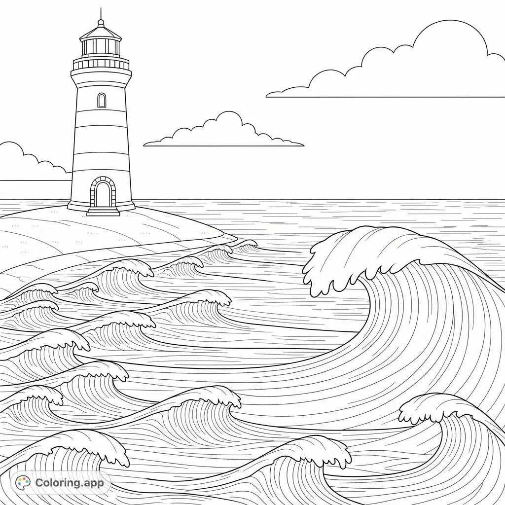 Discover a serene lighthouse on a grassy knoll, overlooking an expansive sea with rolling waves and soft clouds. A calming coastal scene for your coloring enjoyment.