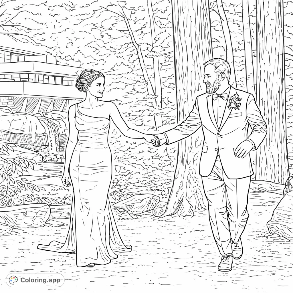 A charming couple walks hand-in-hand through a beautiful woodland path, with a unique architectural marvel and waterfall in the background. A delightful wedding coloring page.