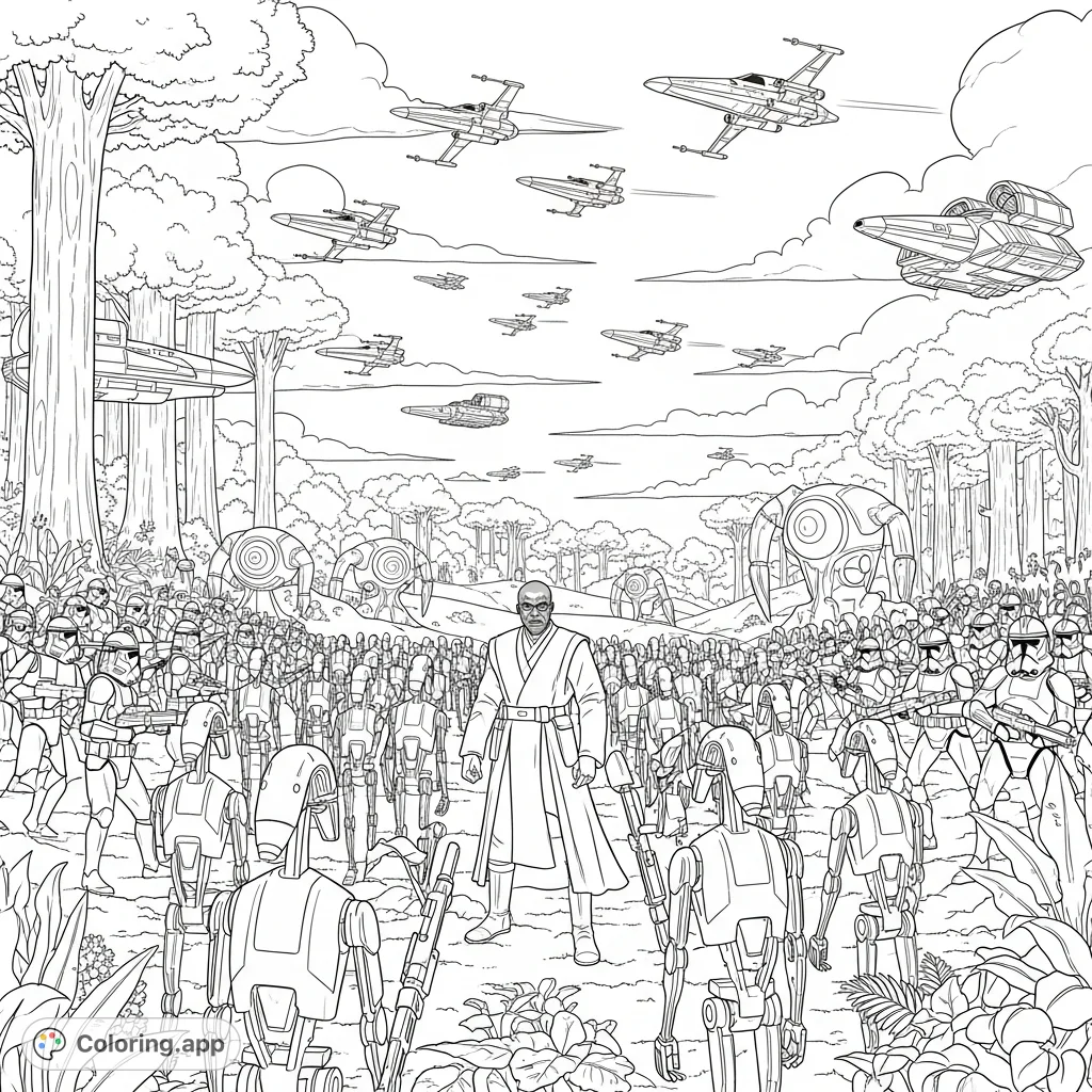 An expansive Star Wars Naboo battlefield, featuring Mace Windu, clone troopers, and hundreds of battle droids amidst lush foliage and aerial combat with X-wings.