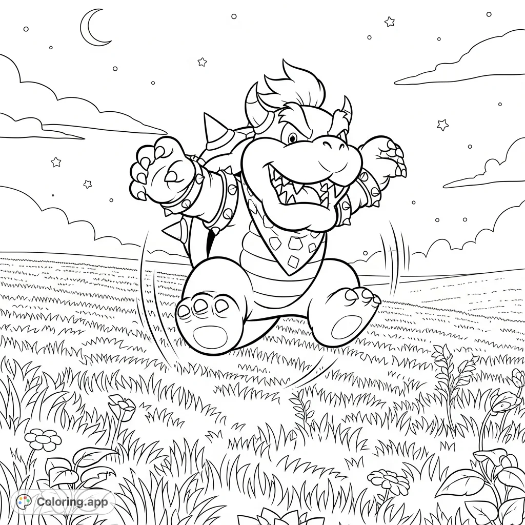 Bowser Junior from Mario Brothers joyfully jumps high in a wide-open field of grass, offering a dynamic and fun scene for coloring enthusiasts of all ages.