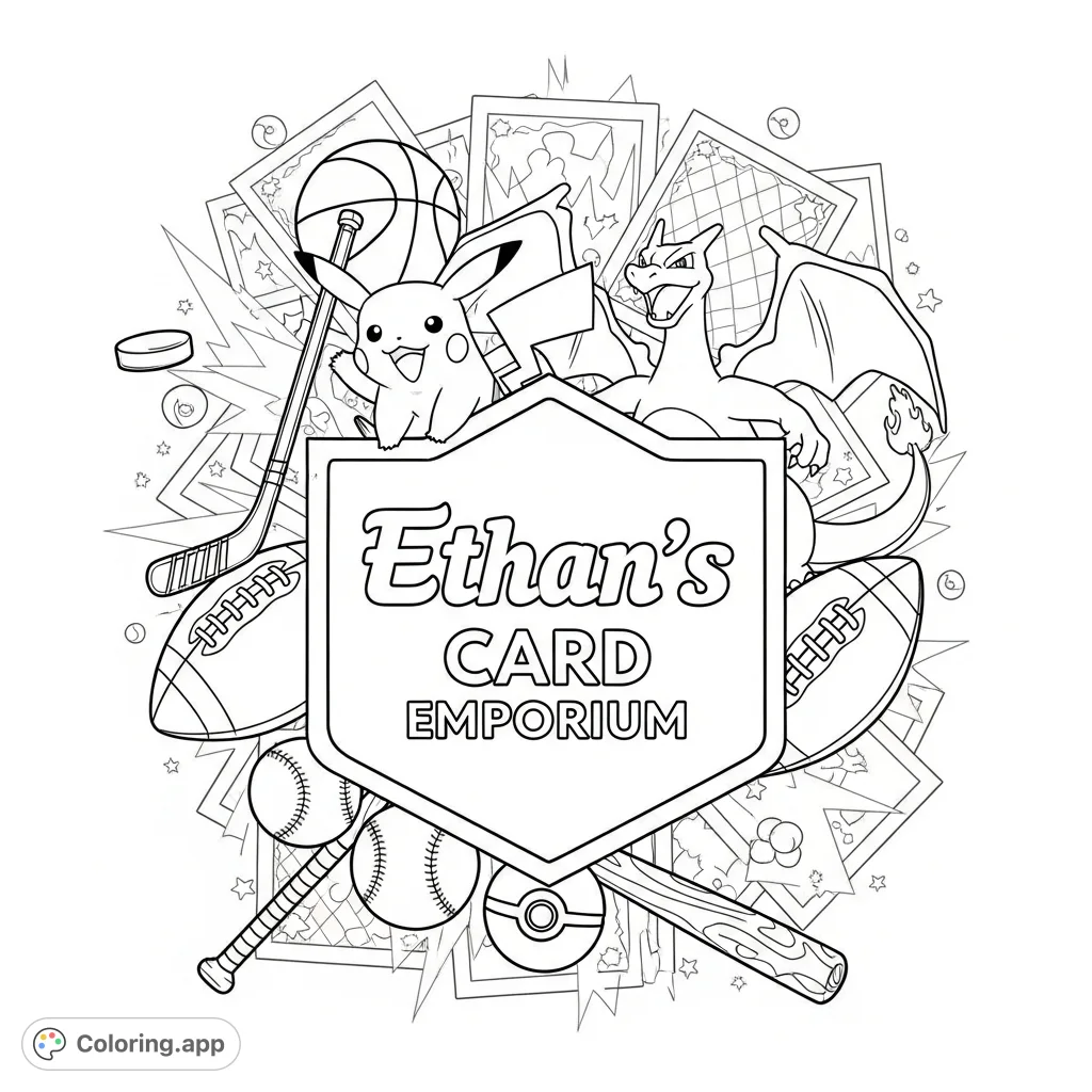 A dynamic coloring page featuring Ethan's Card Emporium logo, blending Pokemon characters and sports league symbols for NBA, NHL, NFL, and MLB trading card enthusiasts.