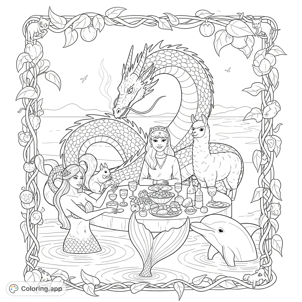 Jamie Starr, a dolphin, dragon, mermaid, squirrel, and llama enjoy a fantastical social gathering by a tranquil pool, surrounded by lush vines and a feast.