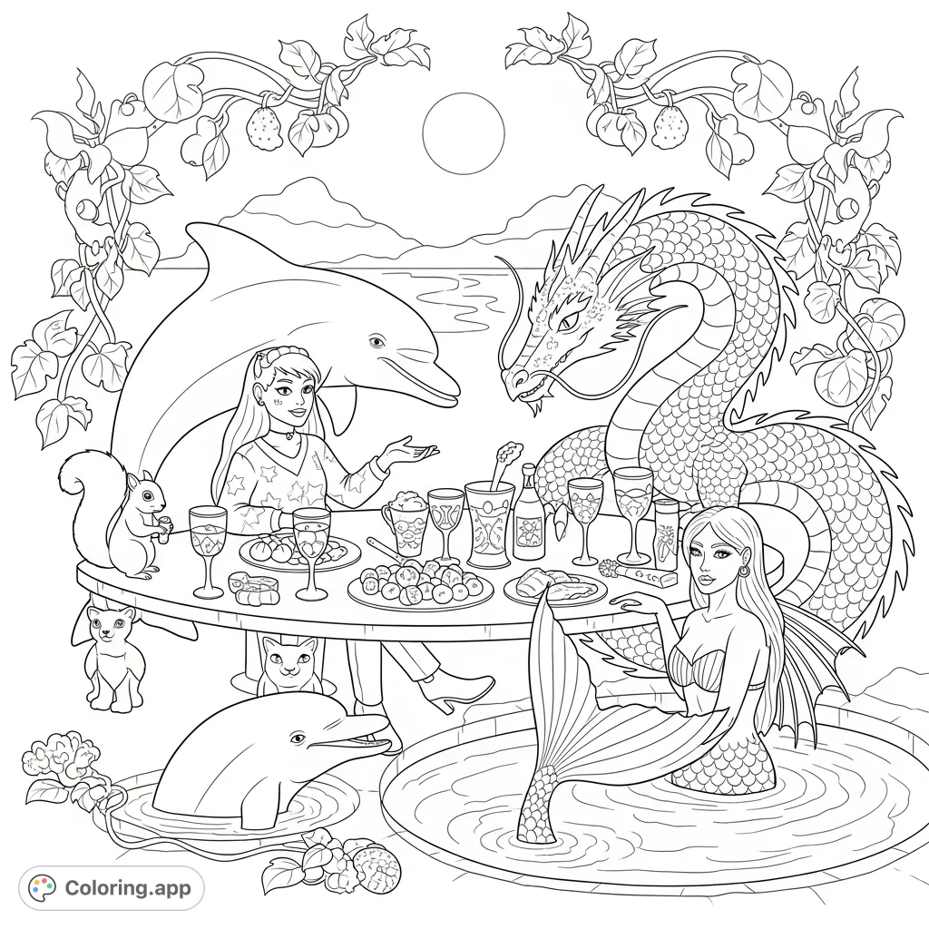 A unique social gathering coloring page featuring Jamie Starr with a dolphin, dragon, mermaid, and squirrel, enjoying food and drink in a serene setting.