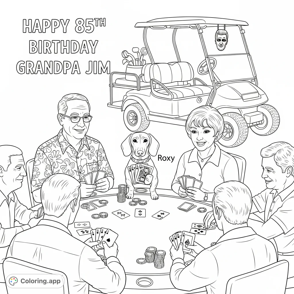 Celebrate Grandpa Jim's 85th birthday with this unique poker game coloring page, featuring Roxy the dachshund, a vintage golf cart, and festive text.