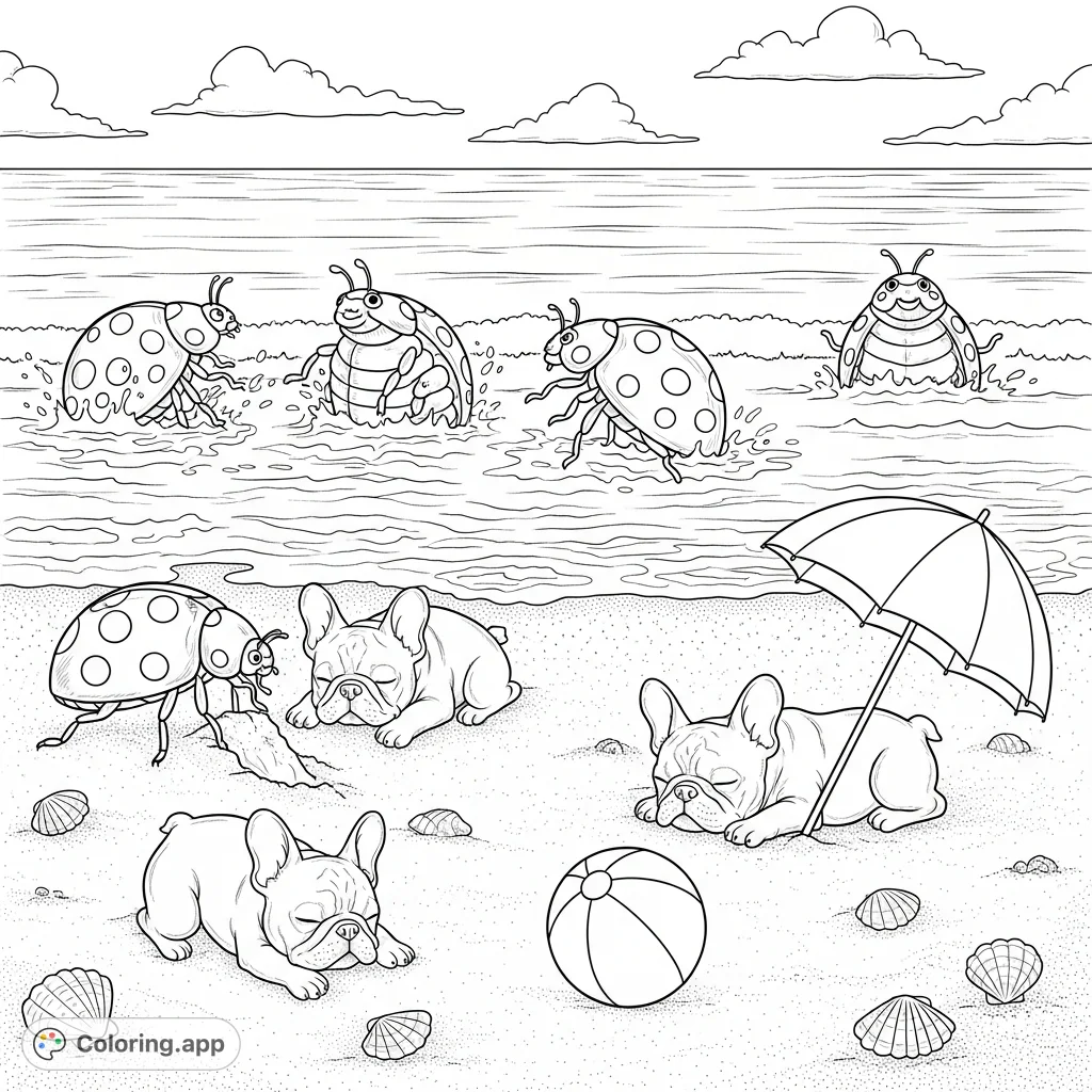 A delightful beach coloring page with playful lady bugs and charming French bulldogs enjoying the sun and ocean. Perfect for summer fun!