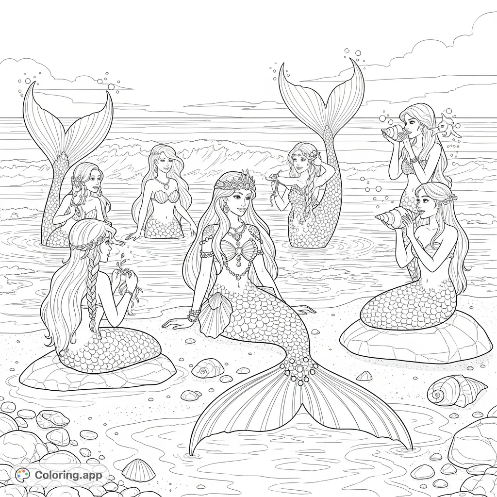 An enchanting mermaid princess and her friends play on a sandy beach, surrounded by waves and seashells. A magical underwater adventure awaits your colors!