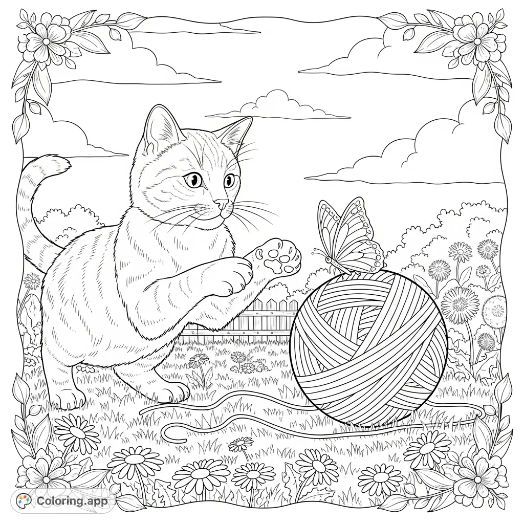 A charming cat plays with a yarn ball, featuring a butterfly perched atop, set in a peaceful outdoor garden. A delightful scene for animal lovers.