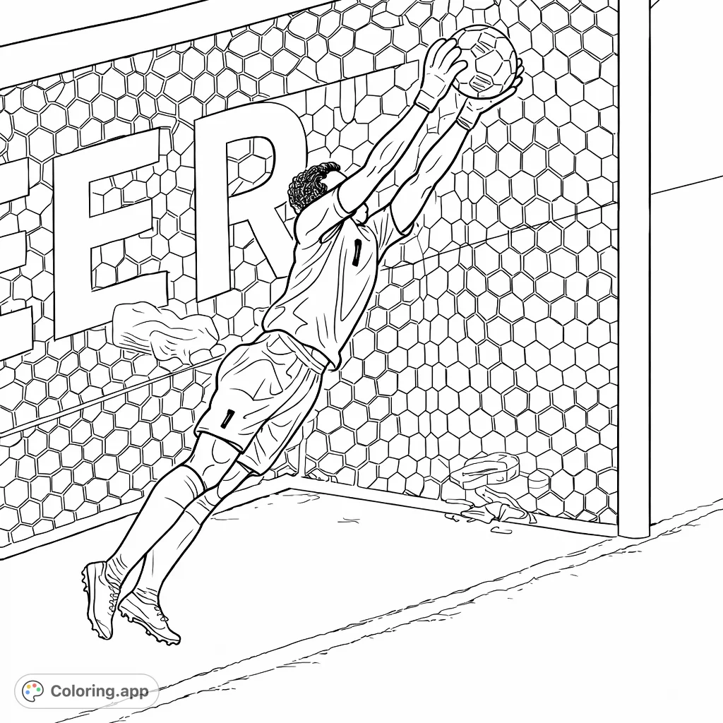 Dynamic soccer goalkeeper coloring page featuring an athlete diving to save a patterned ball in front of a goal, perfect for sports enthusiasts.