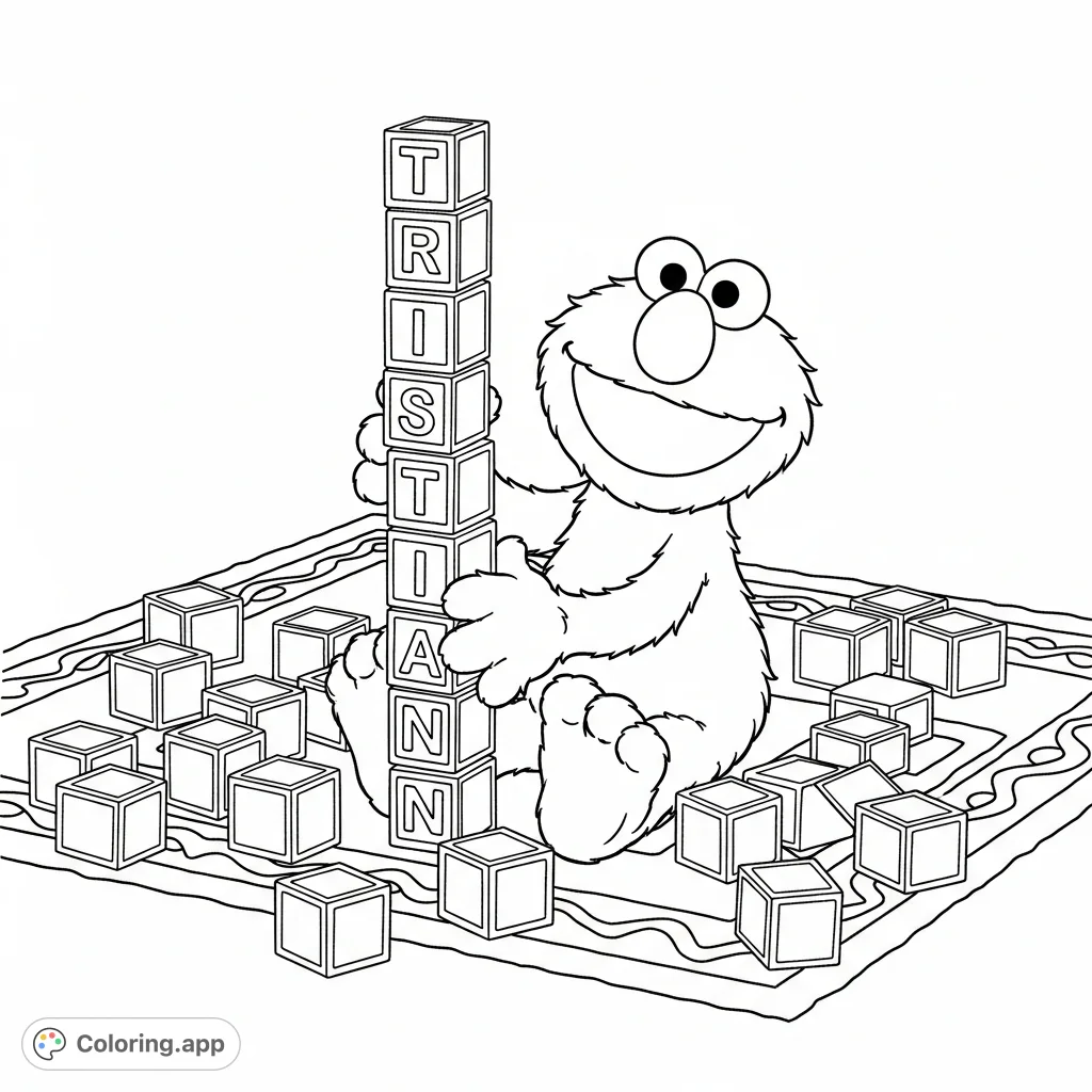 Elmo sits on a patterned rug, building a block tower spelling TRISTIAN. Scattered blocks create a lively, engaging scene for young colorists.