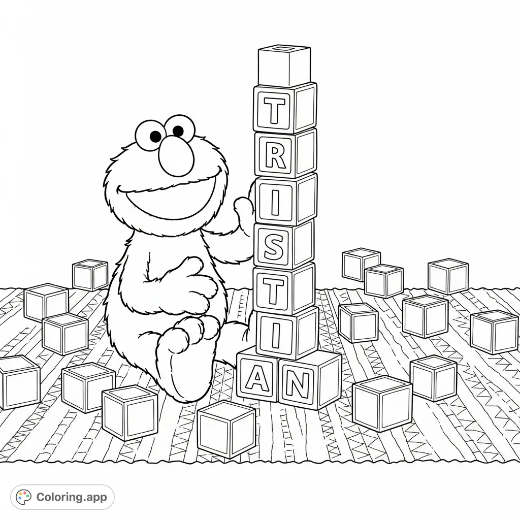 Elmo builds a block tower spelling TRISTIAN, surrounded by scattered blocks on a patterned rug. A delightful Elmo coloring page for playful learning.