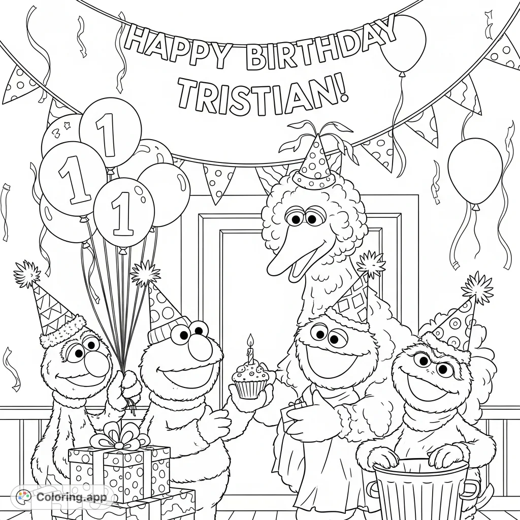Join Elmo, Big Bird, Cookie Monster, and friends for a lively birthday celebration. A fun-filled scene with presents, balloons, and cake awaits your artistic touch!