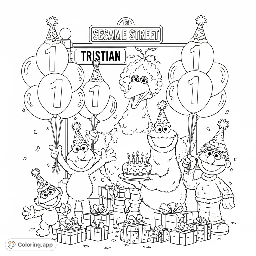 Join Elmo, Big Bird, Cookie Monster, and Grover for a 'Tristian Street' birthday party with balloons, cake, and gifts. A fun Sesame Street coloring page!