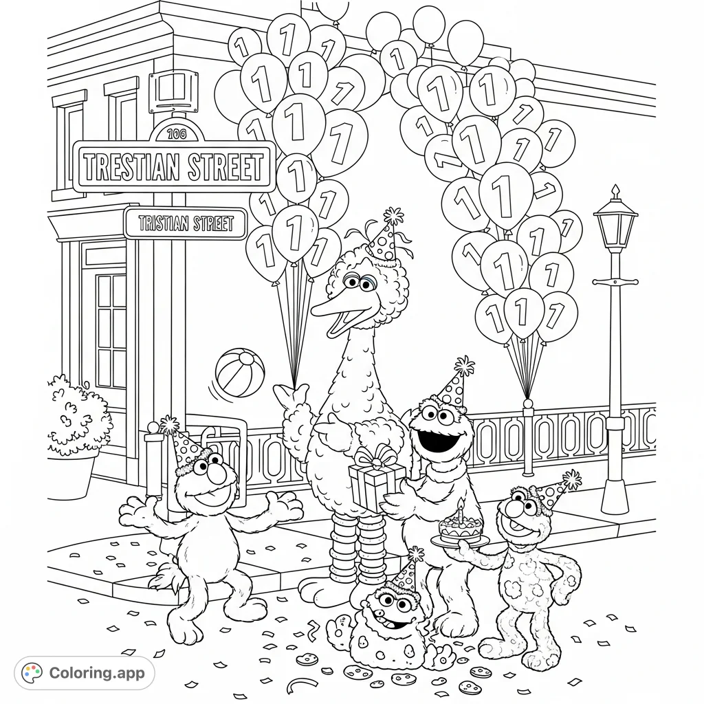Join Elmo, Big Bird, and friends for a lively street party on Tristian Street, complete with balloons, presents, cake, and confetti. A fun Sesame Street coloring page.