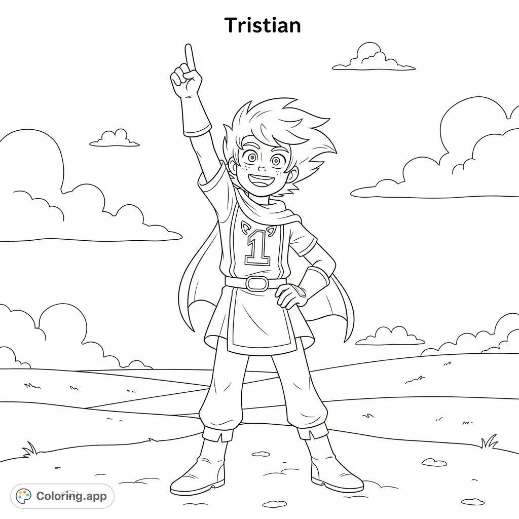 A cheerful Tristian celebrates, hand raised with 'One' symbol, against a simple, open landscape. Perfect for expressing triumph and individuality.