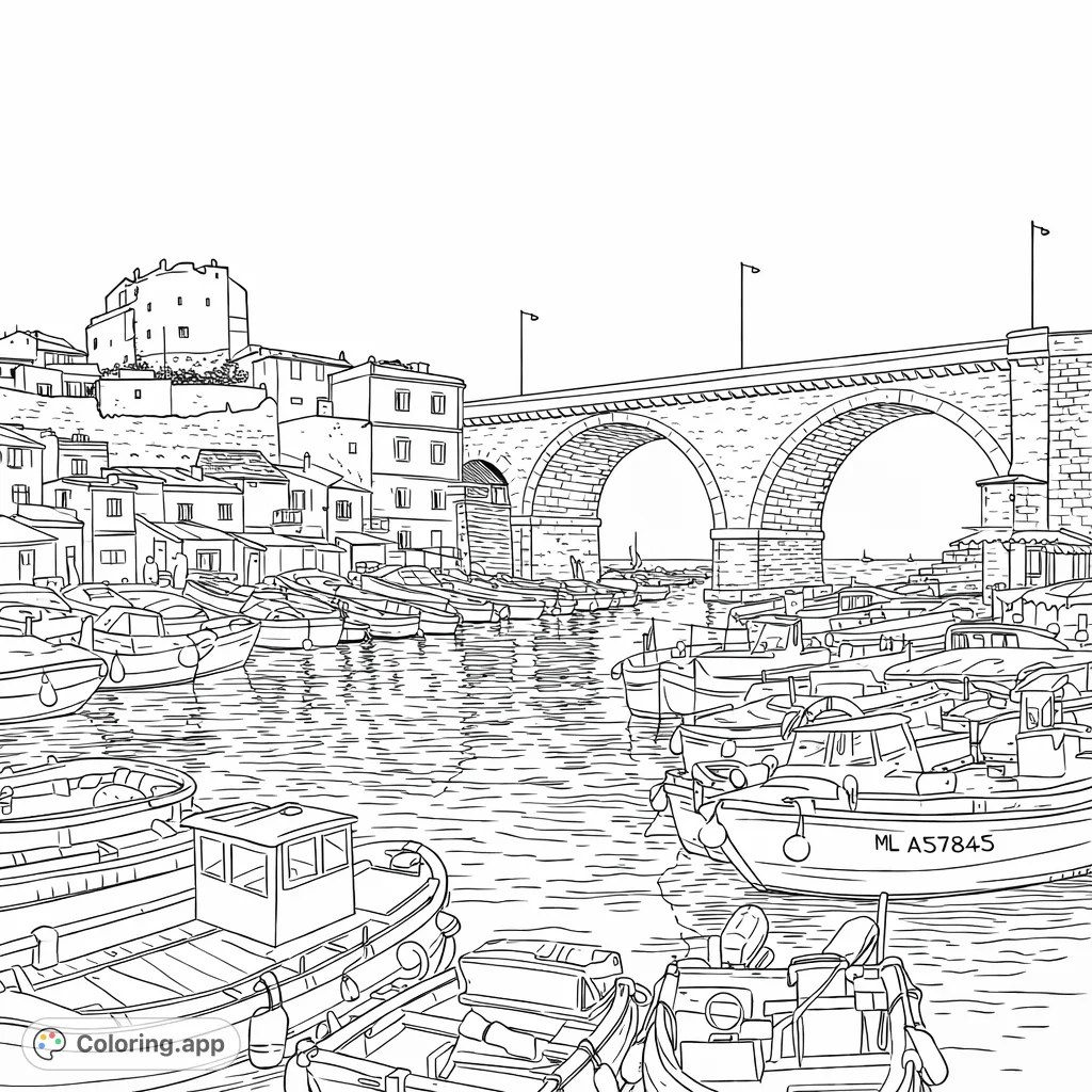 Explore a charming coastal harbor with numerous boats, a grand stone arch bridge, and picturesque waterfront buildings under an open sky. A delightful Mediterranean scene.