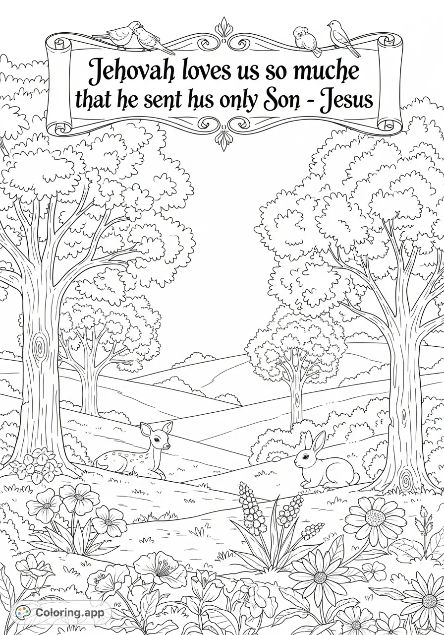 A peaceful nature scene with animals, flowers, and trees, featuring the inspiring message: 'Jehovah loves us so much that he sent his only Son - Jesus'.