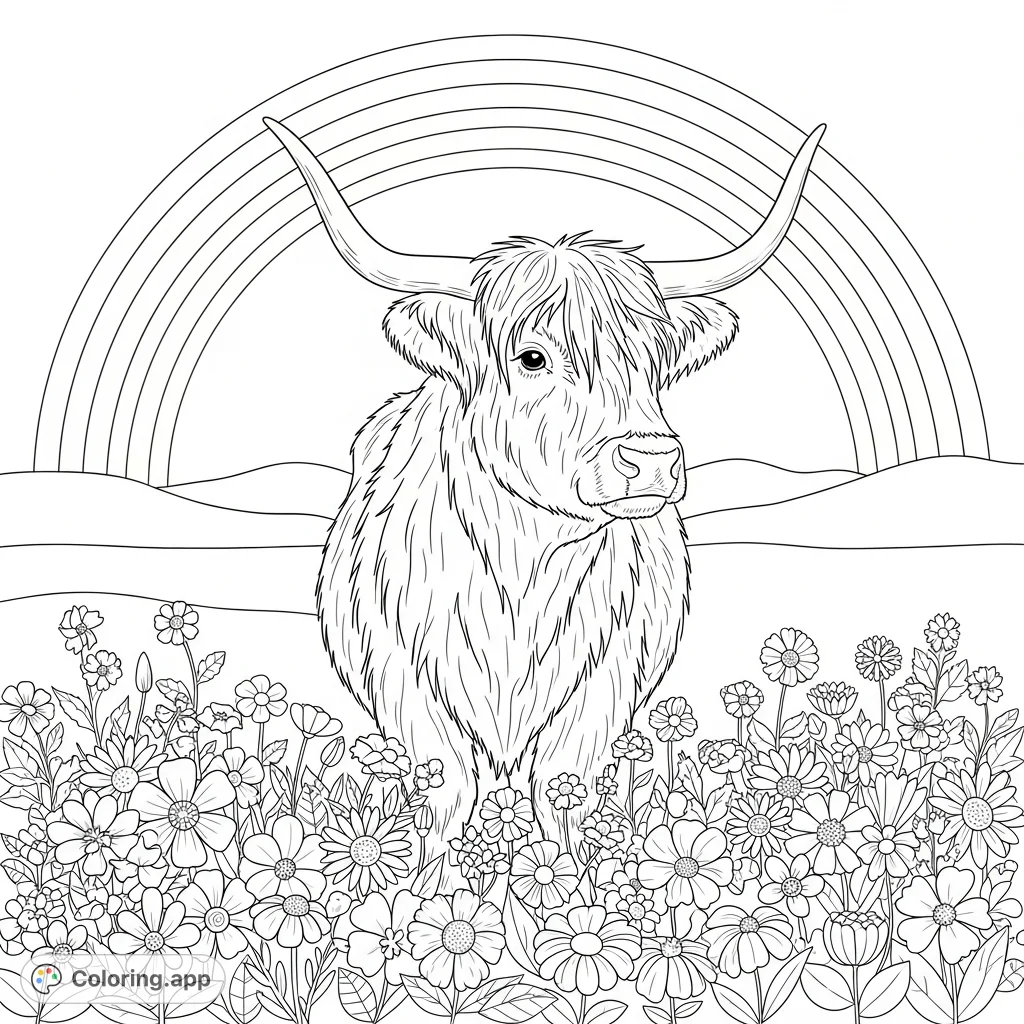 A charming highland cow with shaggy fur and long horns stands peacefully amidst a vibrant array of blooming flowers, all beneath a majestic rainbow arc.