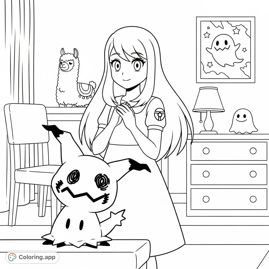 A charming Mimikyu coloring page featuring a young girl in a cozy room, surrounded by familiar objects and a surprise Pokemon encounter. Perfect for fans!