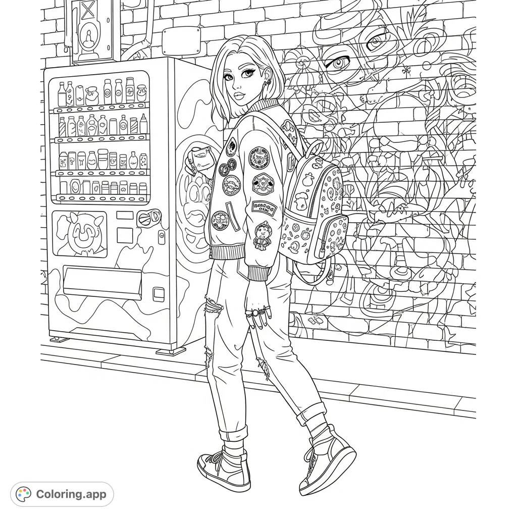 Capture a young woman in stylish urban fashion: bomber jacket, ripped jeans, high-top sneakers, and an ornate backpack, against a graffiti-covered brick wall.