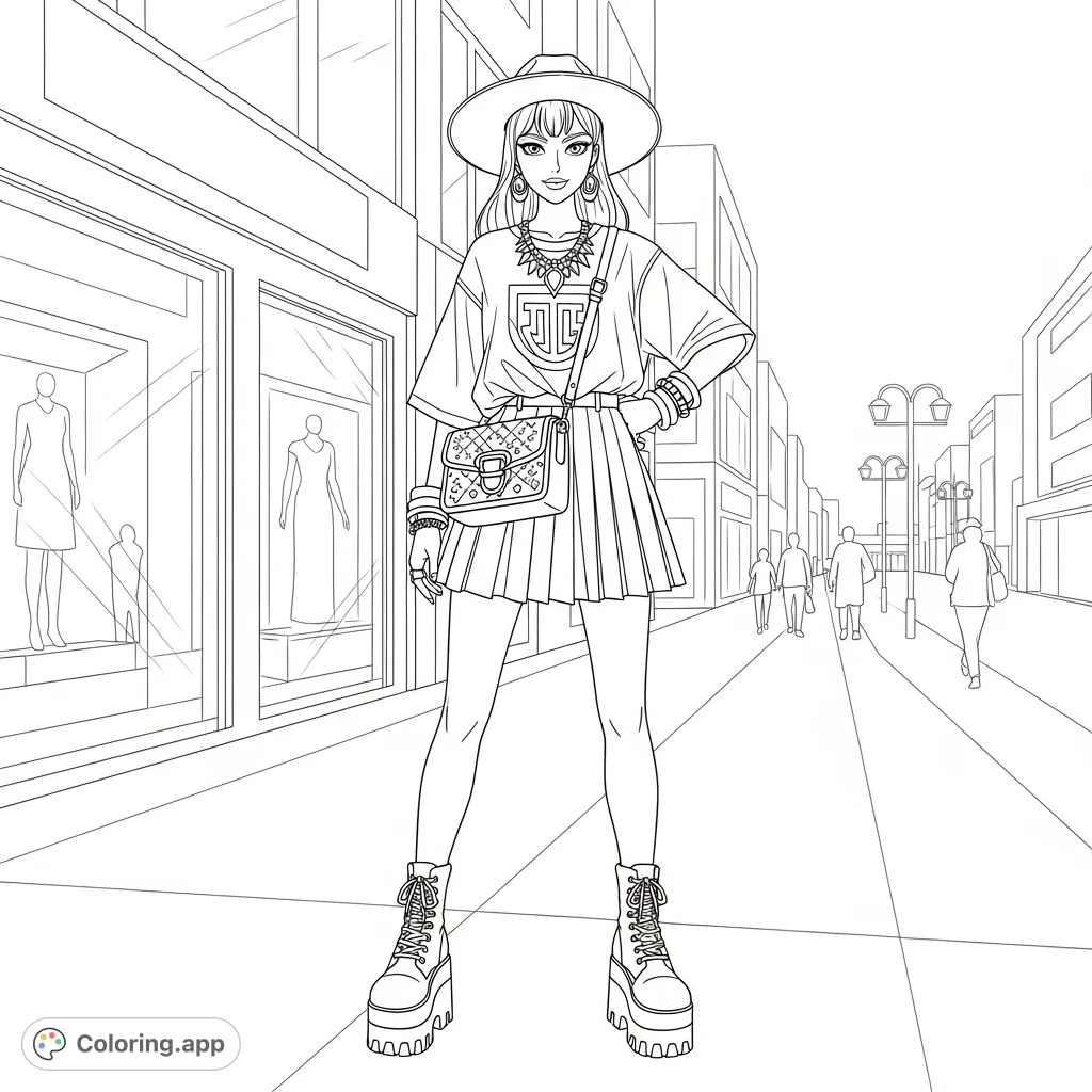 A stylish young woman in a layered outfit, complete with an oversized tee, pleated skirt, platform boots, and chic accessories, stands confidently in a bustling city scene.