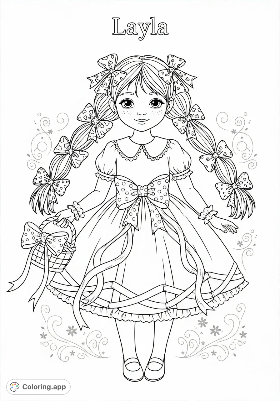 A delightful Layla adorned with an abundance of bows and ribbons in her hair and on her dress, ready for a creative coloring adventure.