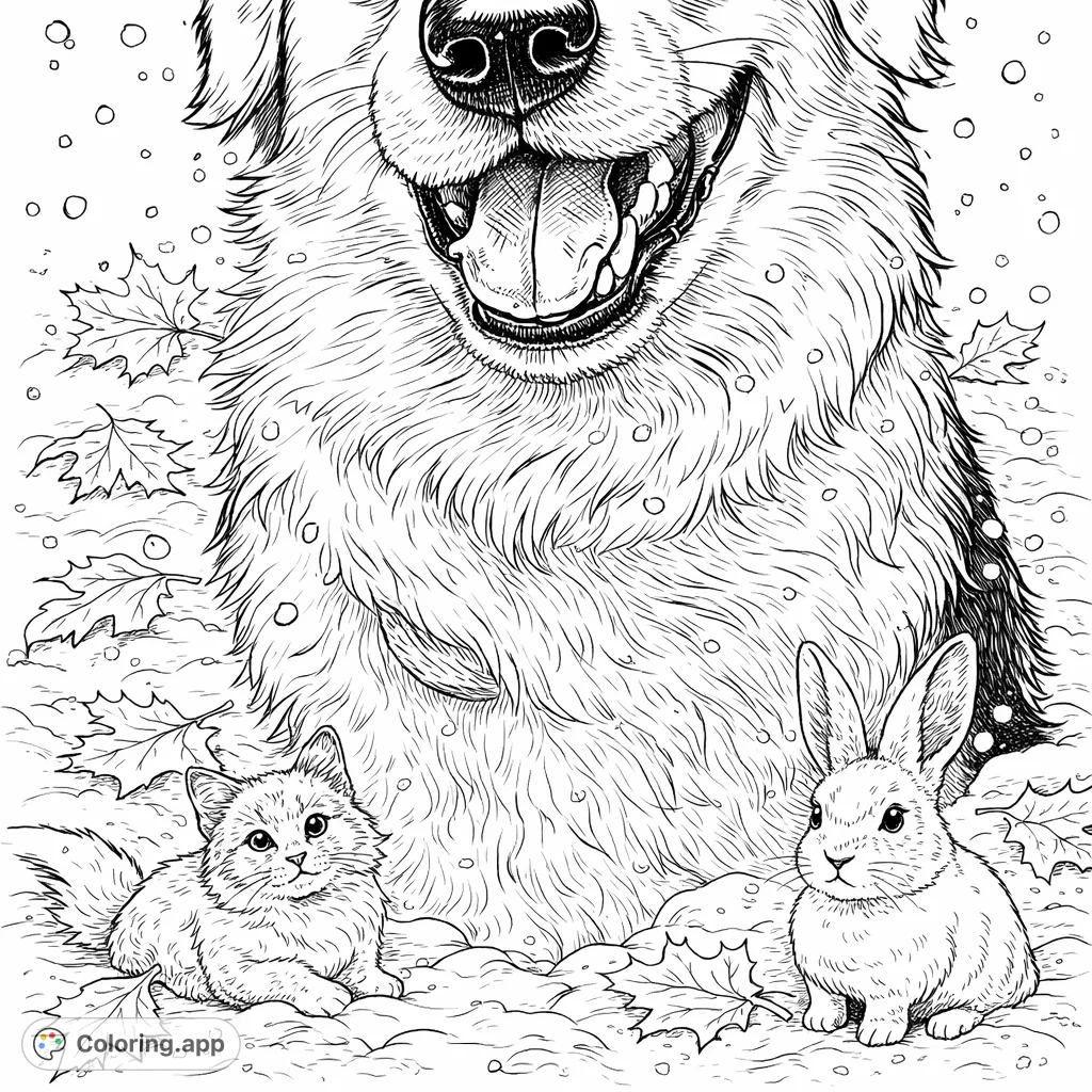 Discover this delightful dog coloring page! A happy dog with fluffy fur and a welcoming open mouth, surrounded by charming autumn leaves and a small pet companion.