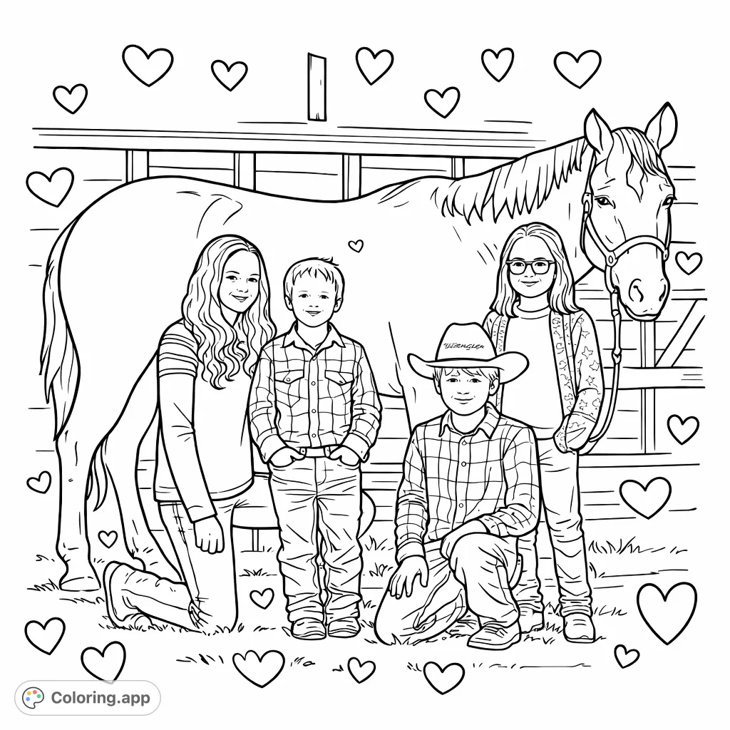 A heartwarming family ranch coloring page featuring an adult and three children with their horse, set against a rustic barn, enhanced with decorative heart patterns.