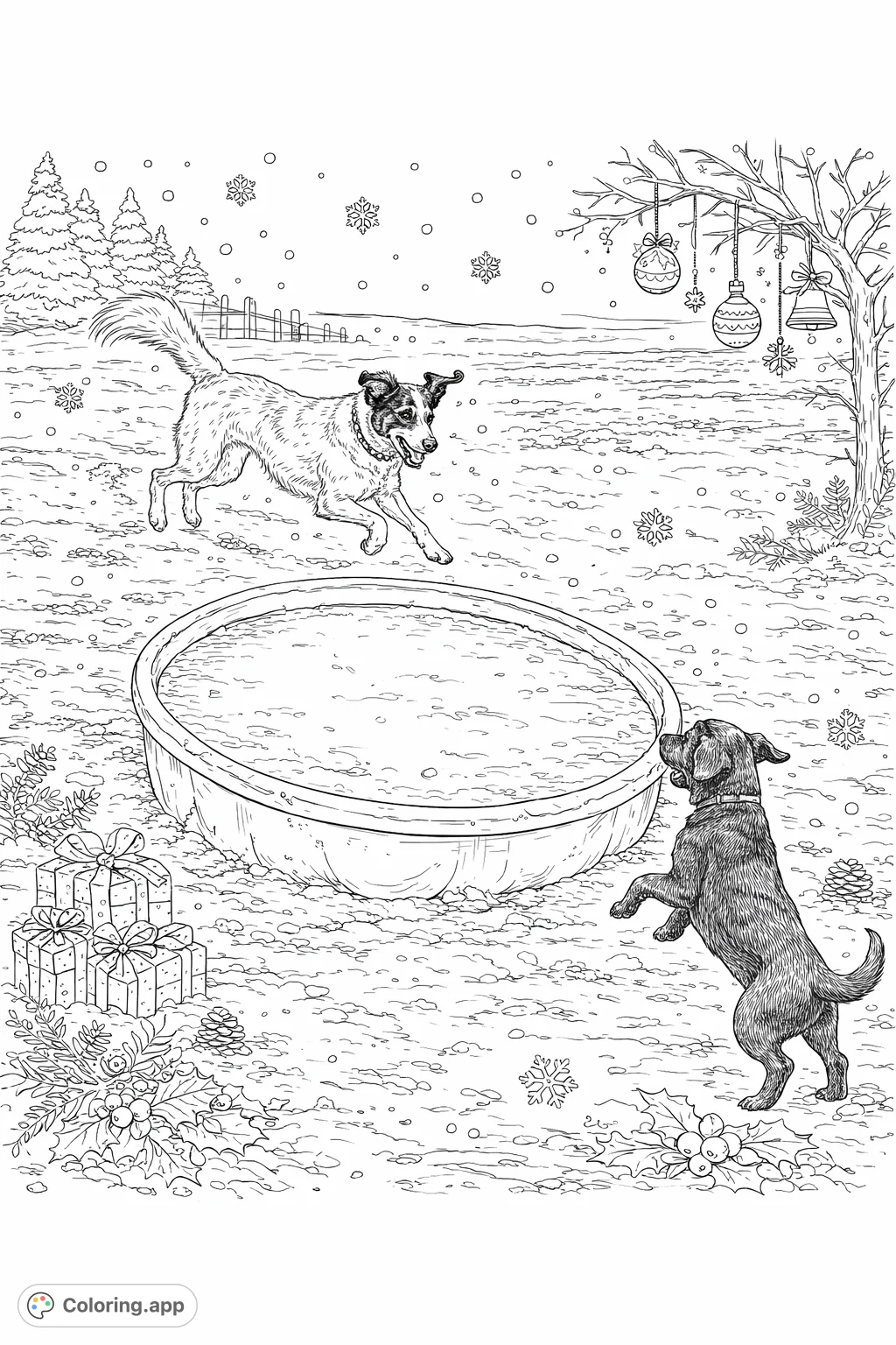 Capture the playful energy of dogs leaping over a frozen pool in a winter wonderland. This realistic dog coloring page offers detailed fun for all ages.