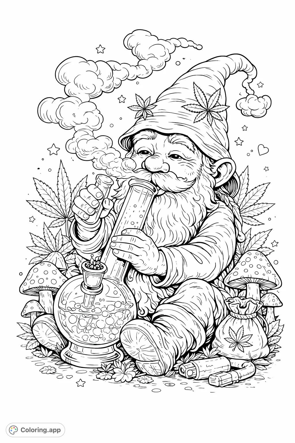 A detailed adult coloring page featuring a cheerful gnome enjoying his pipe amidst distinctive leaves and spotted mushrooms. Perfect for a relaxing session.
