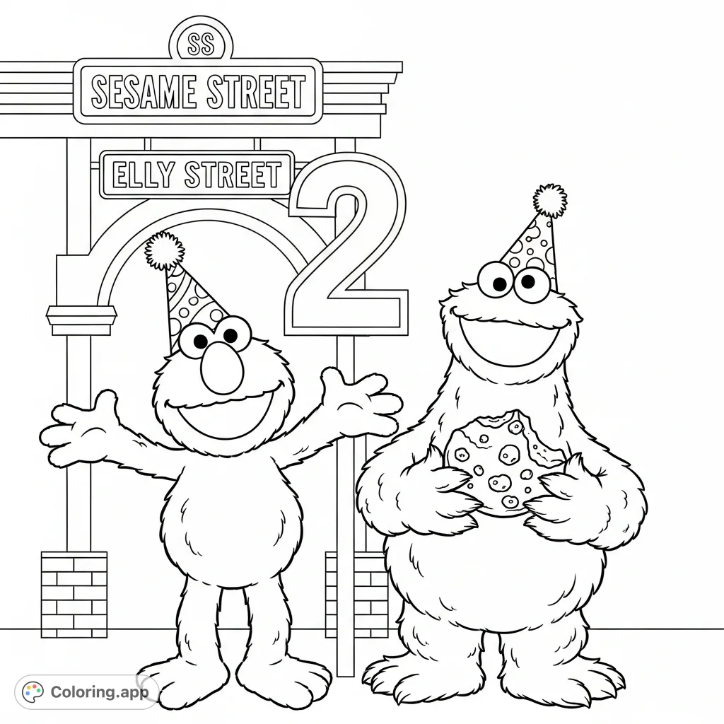 Join Elmo and Cookie Monster in a festive scene celebrating with party hats, a big treat, and the iconic Sesame Street sign. Perfect for a joyful coloring experience!
