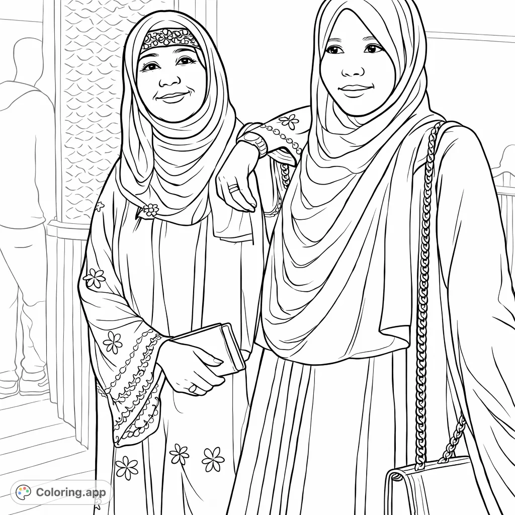 Discover two women in elegant traditional attire, featuring intricate patterns and graceful poses. A beautiful portrait for mindful coloring.