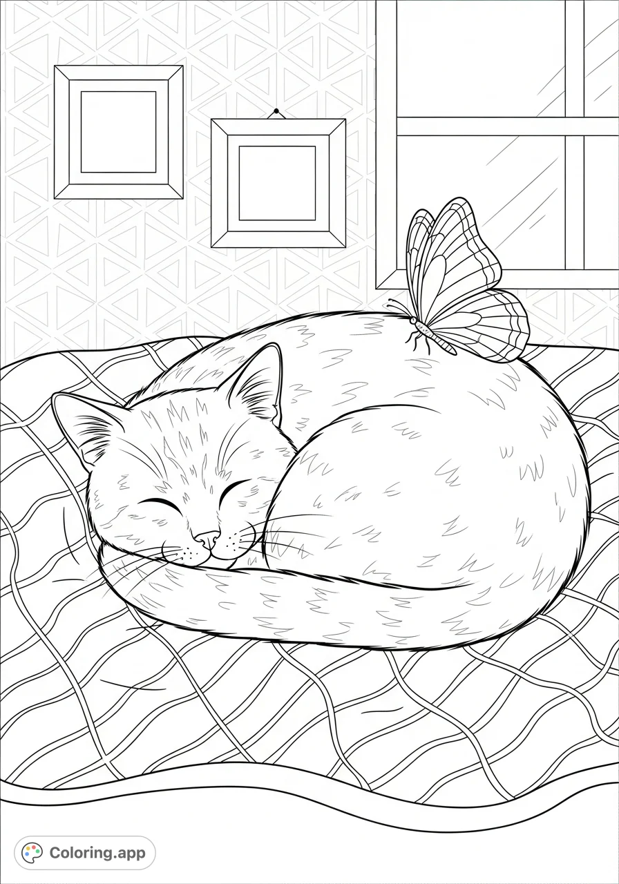 Find peace with this free printable cute animal coloring page, featuring a sleeping cat on a soft blanket. A calming scene for all ages to enjoy.