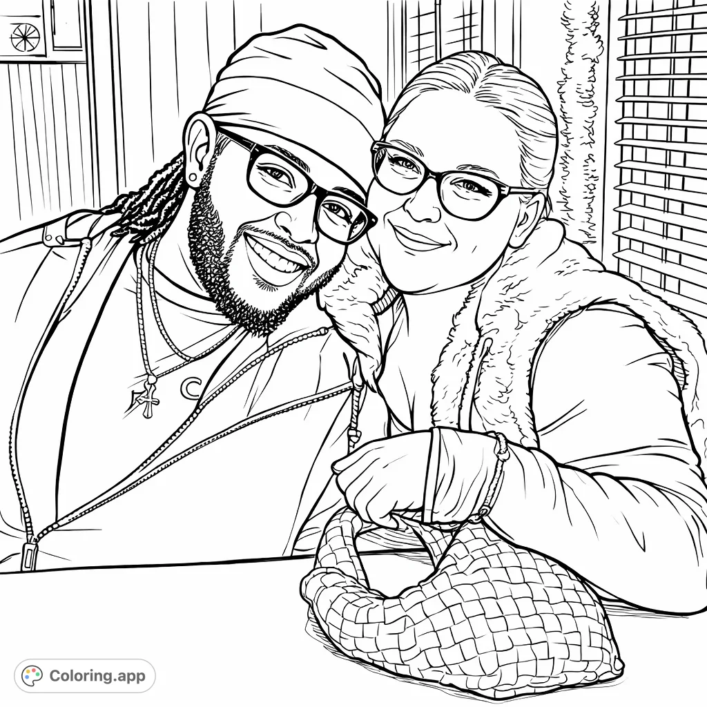 Capture a heartwarming moment with this couple's portrait. Featuring a man and woman smiling, adorned with accessories and a unique woven handbag in a cozy setting.