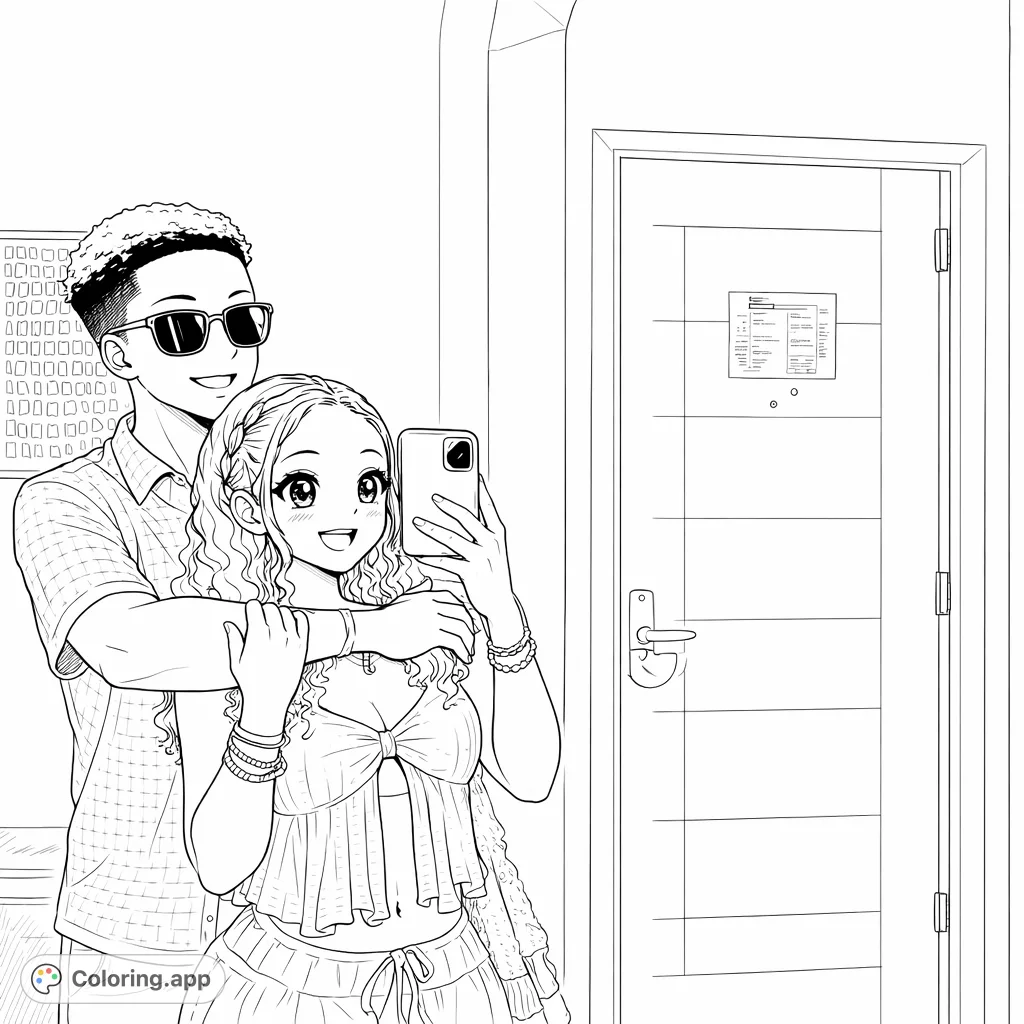 An anime-inspired couple smiles in a mirror selfie, showing their affectionate bond and stylish attire, perfect for a romantic coloring adventure.