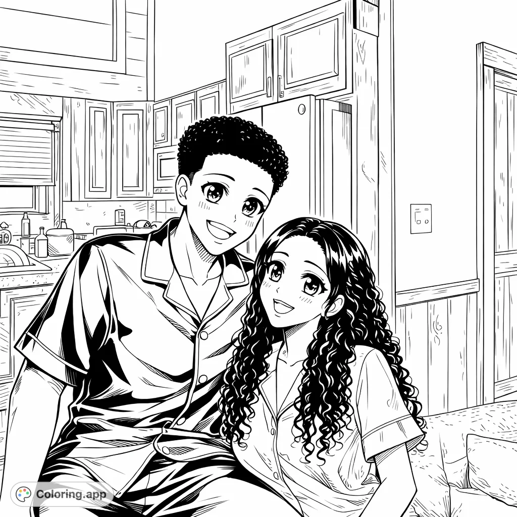 An anime-inspired coloring page featuring a smiling couple in a cozy indoor setting, perfect for fans of romantic and slice-of-life themes. Download this free printable coloring page!