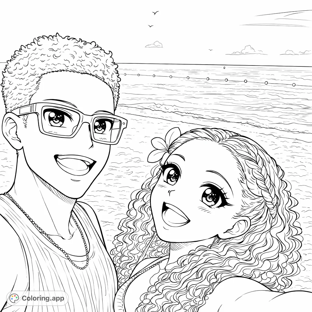 Dive into summer fun with this beach couple coloring page! Capture their joyful smiles against sun, sand, and ocean waves.