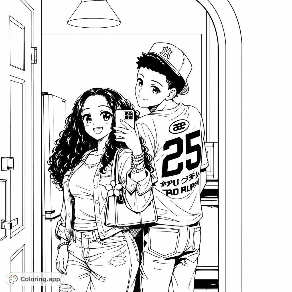Capture a sweet anime-inspired moment with this free printable couple's mirror selfie coloring page. Perfect for expressing affection and creative flair!