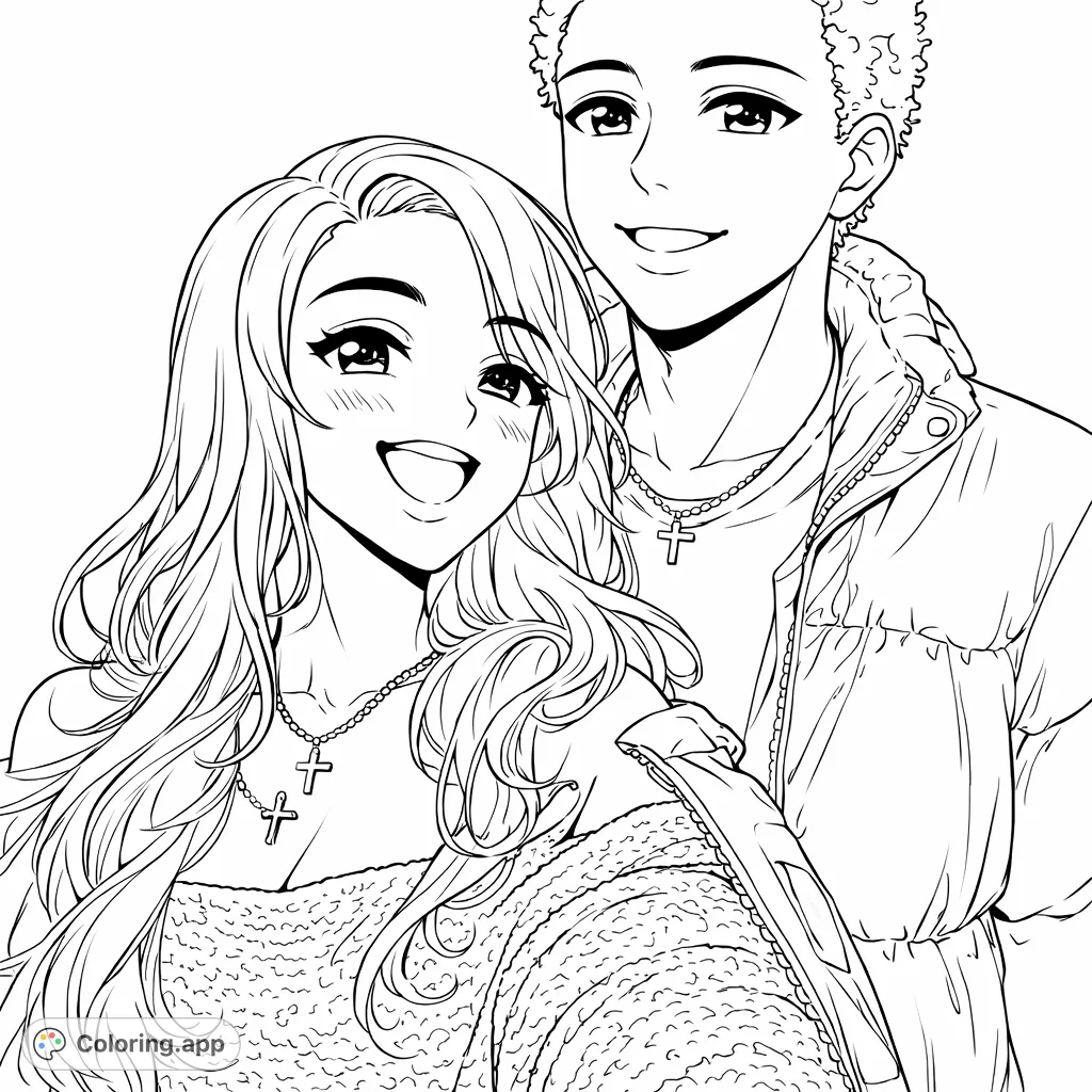 Capture the vibrant energy of two smiling anime-inspired characters in a dynamic, expressive portrait. A perfect anime portrait coloring page for creative expression.