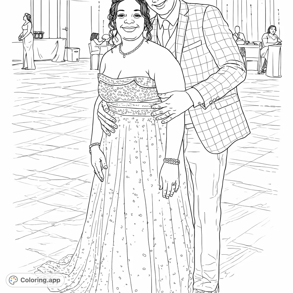 An elegant couple in formal attire, capturing a special moment at a grand event. This sophisticated coloring page features intricate clothing details and a celebratory atmosphere.