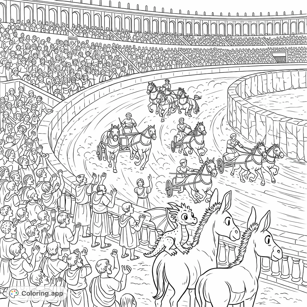 Experience the thrill of an ancient chariot race! This detailed coloring page features chariots, horses, cheering crowds, and a friendly dragon watching.