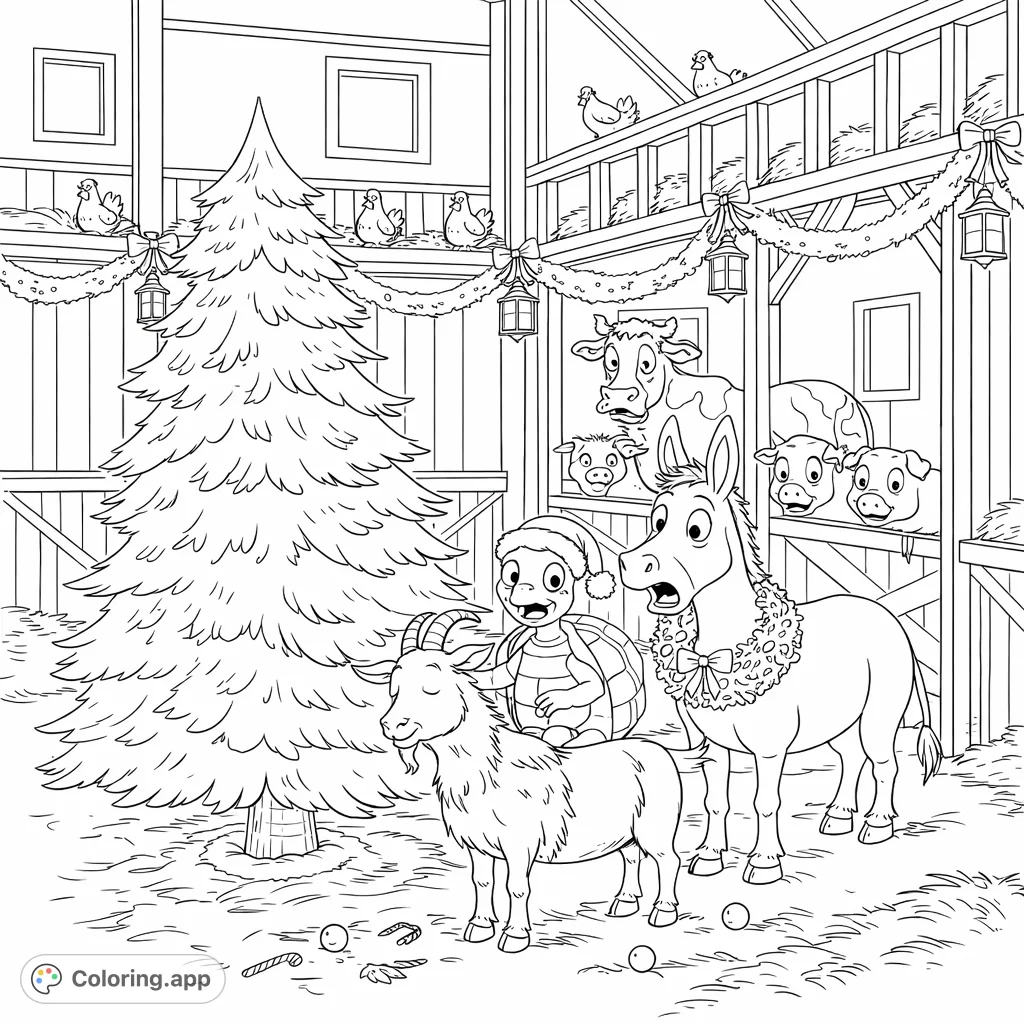 A mischievous goat samples the Christmas tree, shocking a dragon, donkey, and farm animals in a decorated barn. A festive, funny scene!