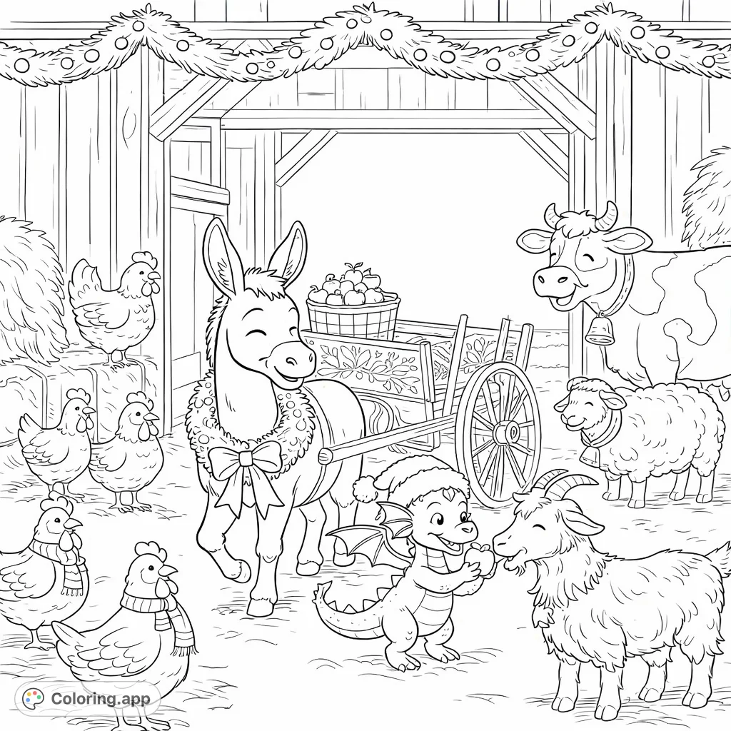 A charming barnyard scene with friendly animals like a donkey, dragon, cow, and chickens celebrating, complete with festive decorations and a cart of apples.
