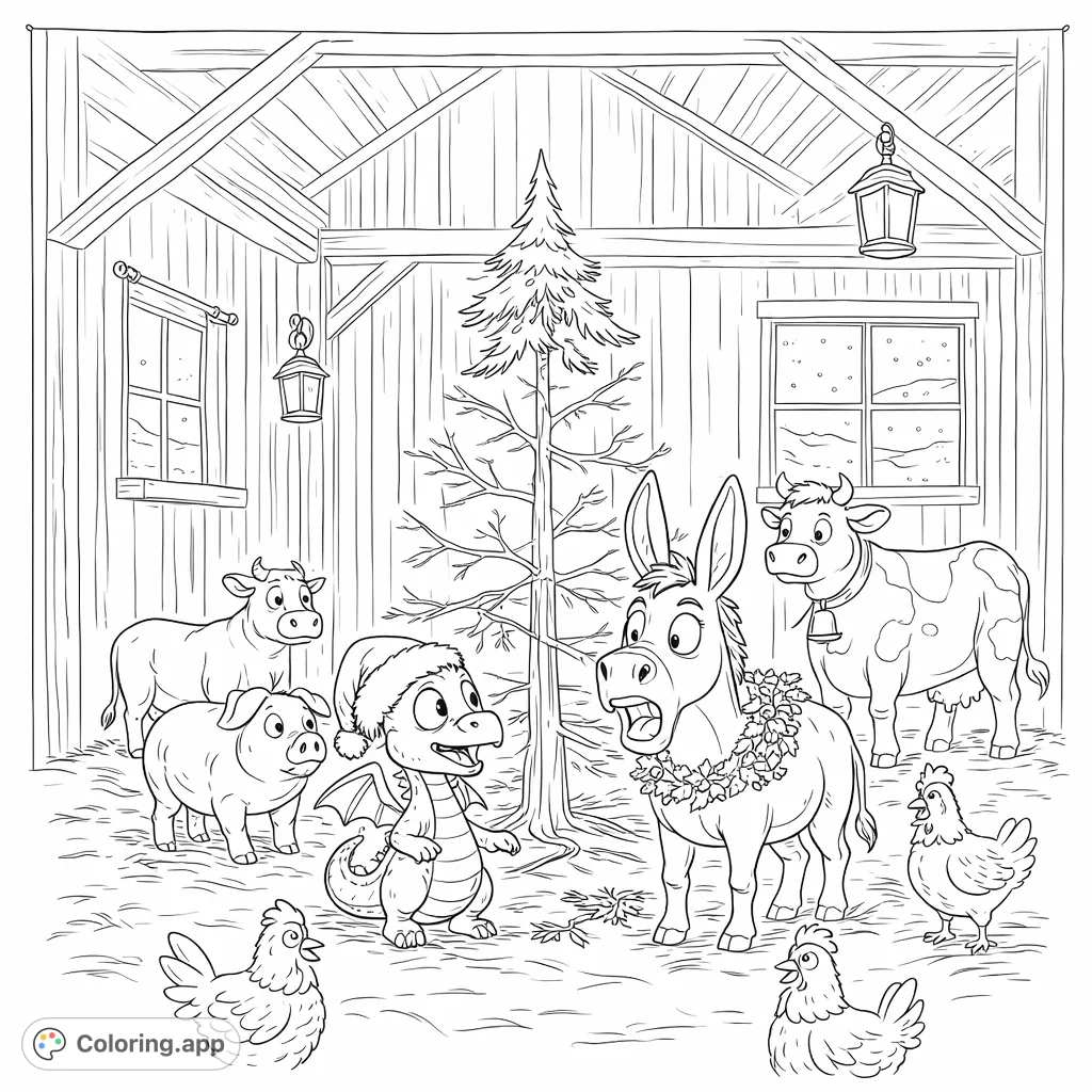 An unexpected gathering in a cozy barn features farm animals and a little dragon admiring a tree. A delightful scene for creative coloring fun!