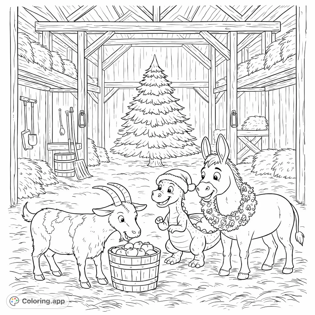 A delightful barnyard holiday scene featuring a friendly goat, a festive dragon in a Santa hat, and a jolly donkey with a wreath.