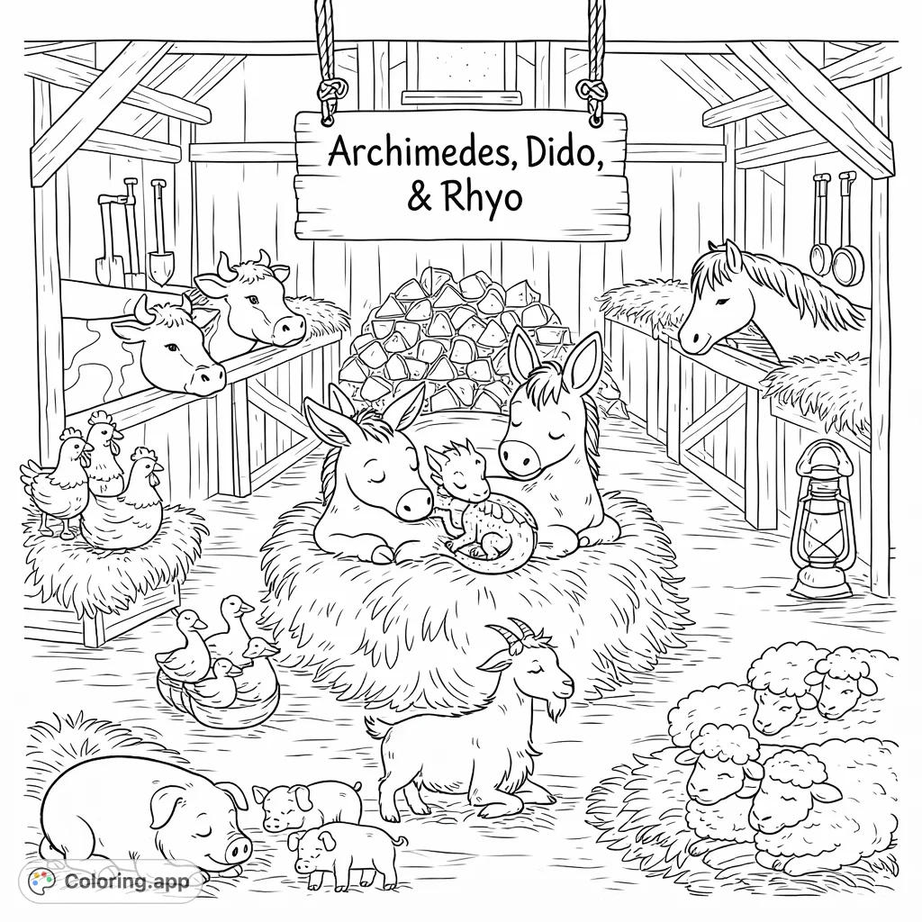A charming barn scene featuring a variety of sleeping farm animals, including a donkey family with a tiny dragon, all resting peacefully.