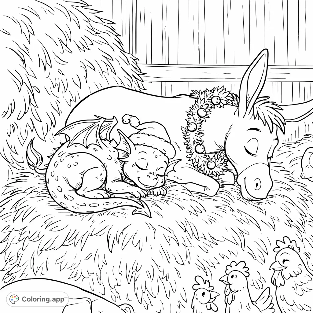 A heartwarming barnyard scene where a donkey and a festive baby dragon nap peacefully on hay, joined by other resting farm animals. Perfect for a cozy coloring moment.