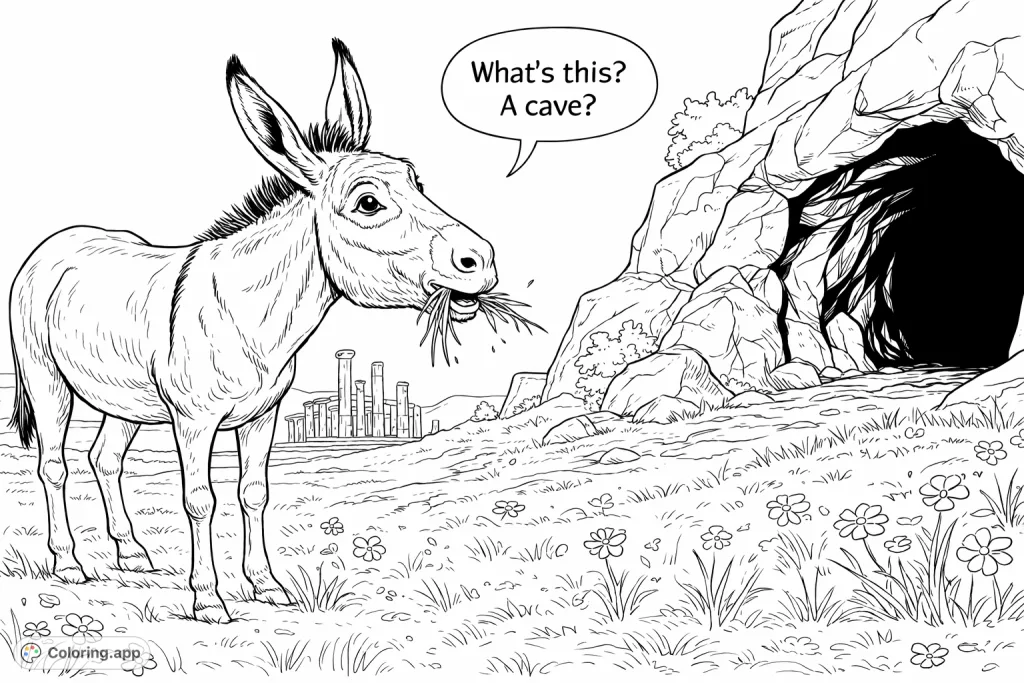 A charming donkey pauses from grazing to investigate a mysterious cave entrance, with ancient Greek ruins nestled in the background. A whimsical historical scene.