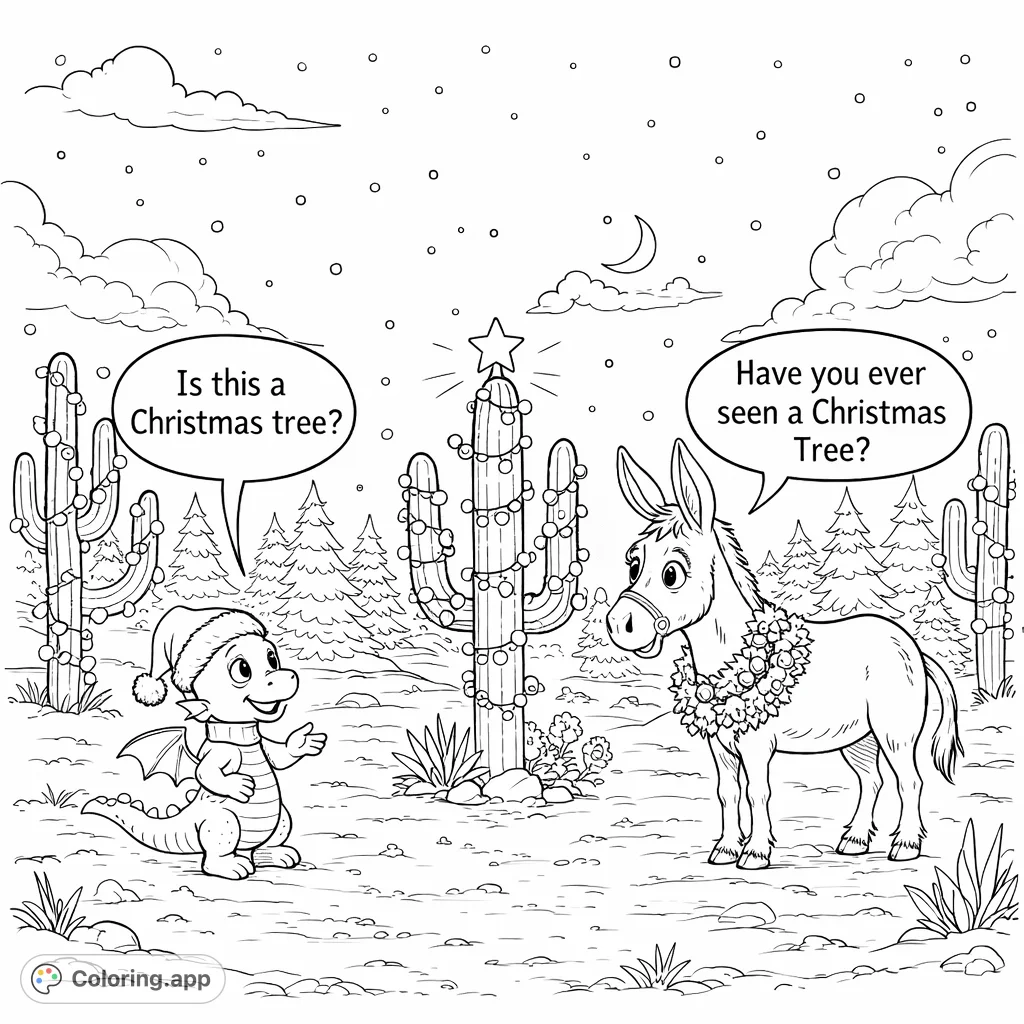 A whimsical winter desert scene featuring a baby dragon, a friendly donkey, and a decorated cactus under a starry sky. Perfect for holiday cheer!